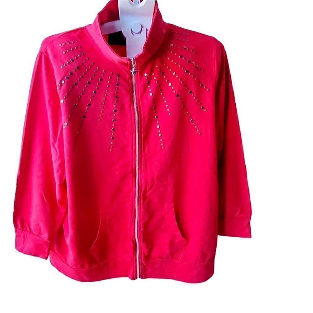 Oversized Retro Slouchy Red Studded fleece Zip-Up Jacket. Size 1X